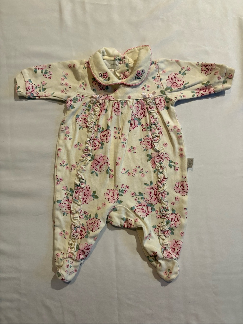 Vintage Baby Floral Ruffle One-Piece Romper - Cream with Pink Roses